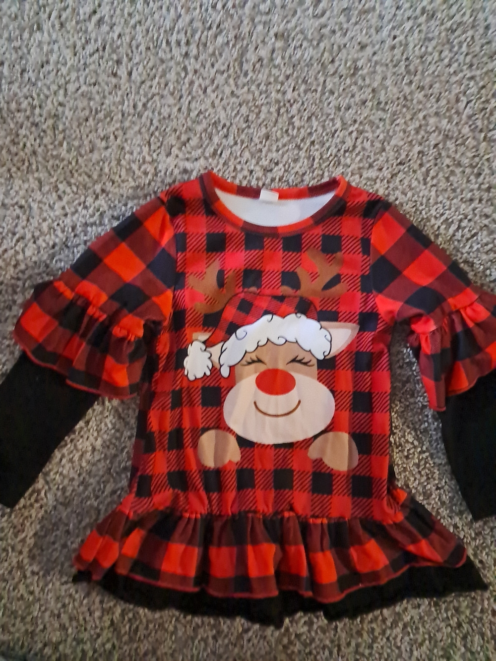 Red Black Buffalo Plaid Reindeer Ruffle Holiday Top